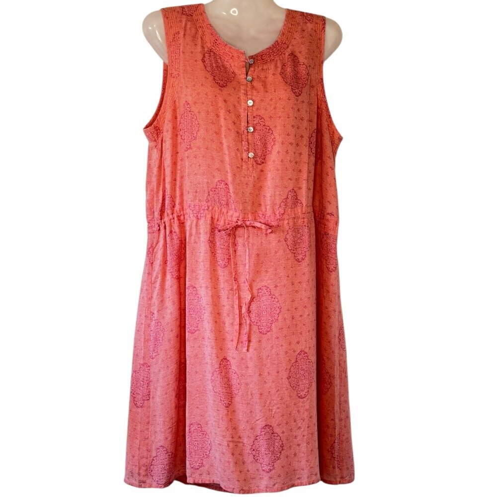 Lucky Brand Tie Waist Shift Dress Modal Light Salmon Batik Print Henley Med